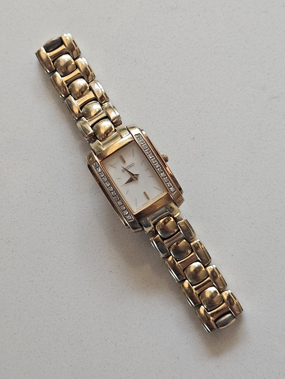 Seiko Women's 18k Plated Stainless Steel Diamond Accent Rectangle Tank MOP Watch